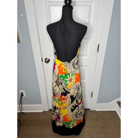 T Bags Los Angeles Maxi Dress M Boho Tribal Print Halter Neck Beaded Neckline - Picture 2 of 8